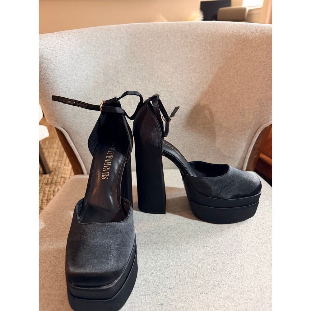 Dream Paris black satin platform block heel euc 7